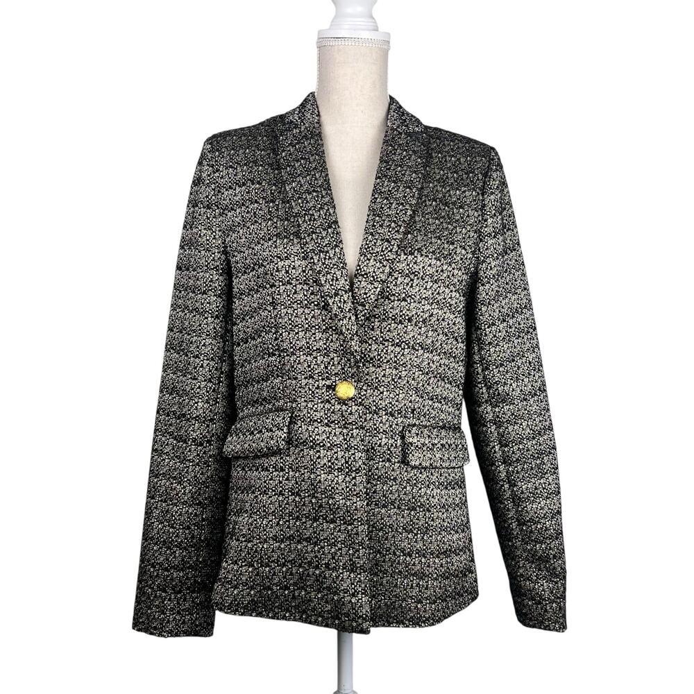 Evereve‎ Black Cream Metallic Tweed Gold Button Blazer Jacket